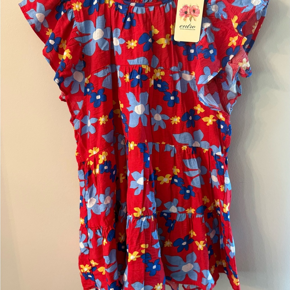 Entro Red and Blue Ruffled Blouse NWT